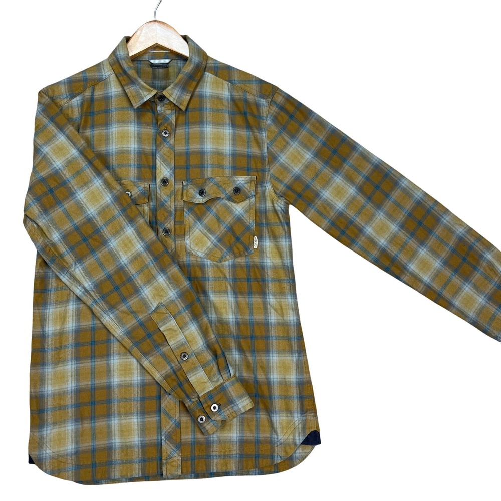 Rab Button Down Shirt Mens Small Mustard Yellow Blue Plaid Flap Pockets Flannel